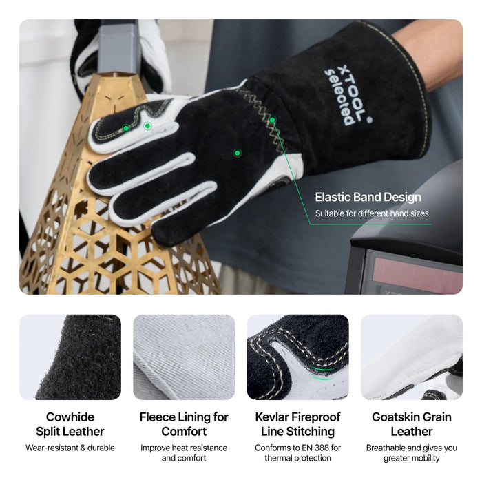 xTool Laser Welding Gloves features elastic band design, cowhide split leather which is water-resistant & durable. It also includes Kevlar Fireproof line stitching and goatskin grain leather for breathable and greater mobility. 