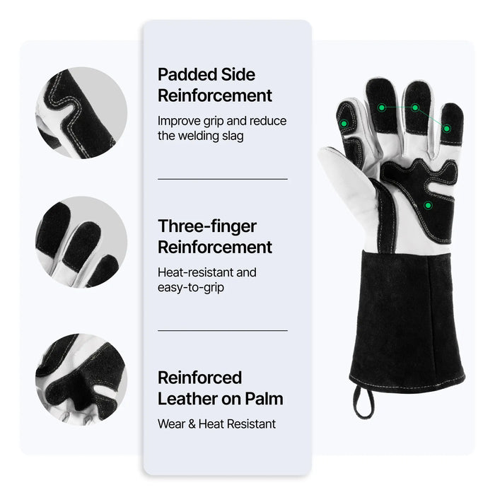 xTool Laser Welding Gloves features padding side reinforcement, three finger reinforcement and reinforced leather on palm.