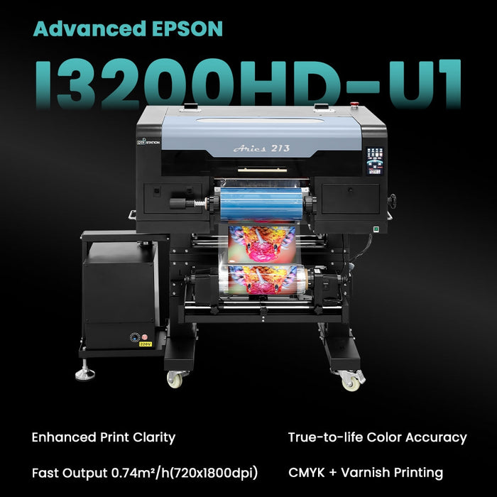 Features of the Aries 213 UV DTF Printer include a single advanced Eson i3200HD_U1 printhead, true-to-life color accuracy and print clarity, fast output, and printing and laminating all in one machine.