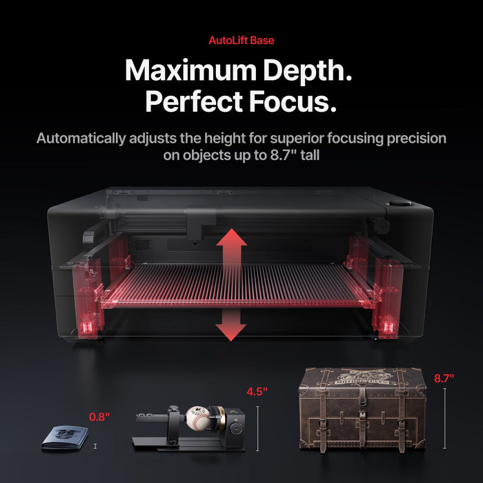 AutoLift Base. Maximum Depth. Perfect Focus. Automatically adjusts the height for superior focusing precision on objects up to 8.7" tall.