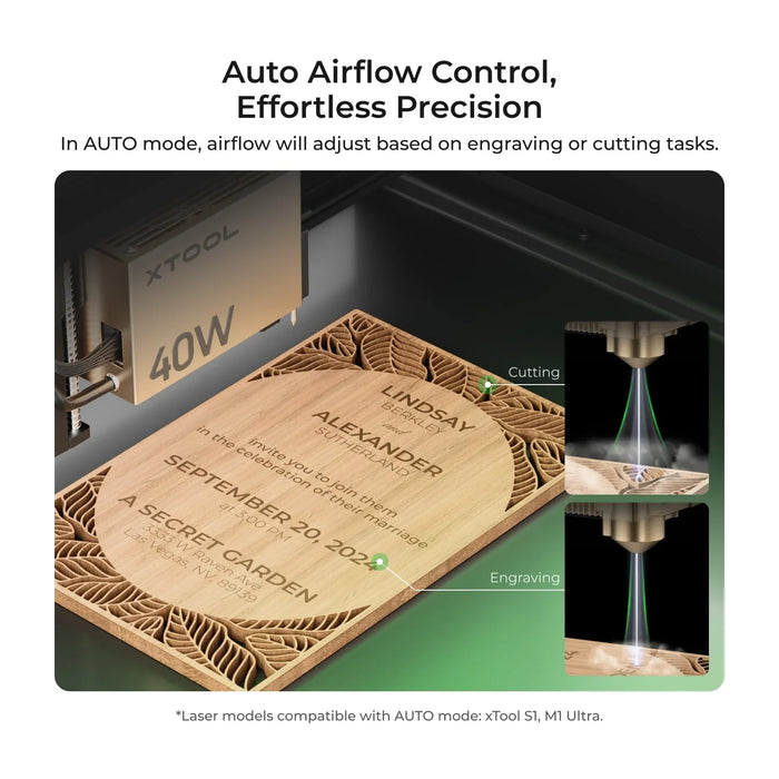 Auto Airflow Control, Effortless Precision. In AUTO mode, airflow will adjust based on engraving or cutting tasks. 