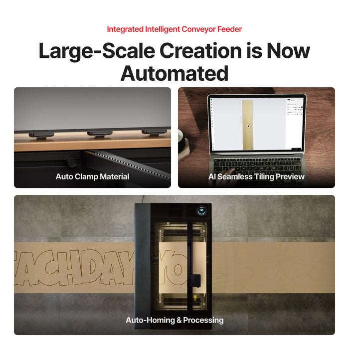 Integrated Intelligent Conveyor Feeder. Large-Scale Creation is Now Automated. Auto Clamp Material. AI Seamless Tiling Preview. Auto-Homing & Processing. 