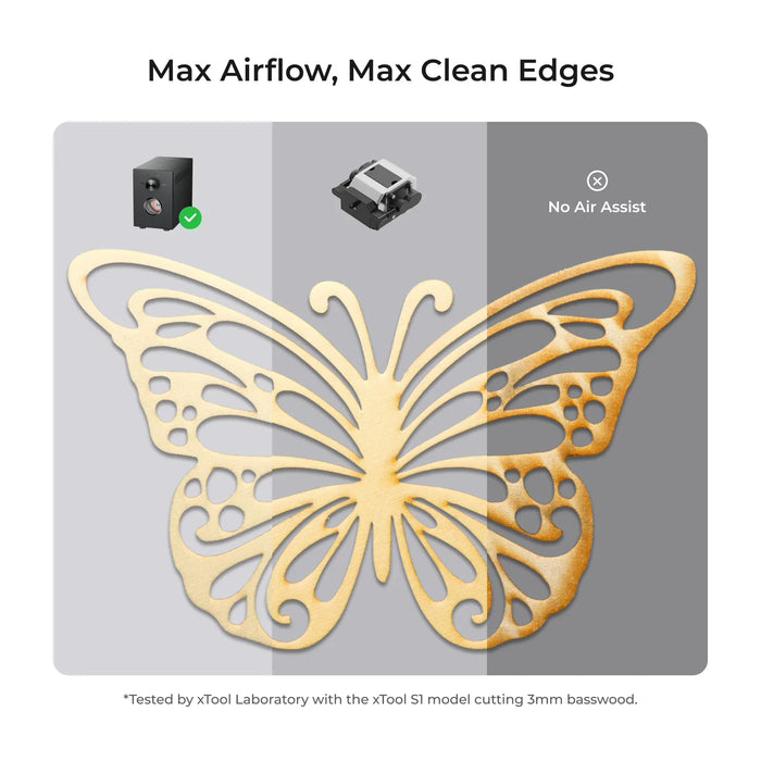 xTool Air-Compress Assist allows there to be a max airflow, permitting cleaner results when cutting onto material. Comparison between xTool Air-Compress Assist, small air-compress, and no air assist. 