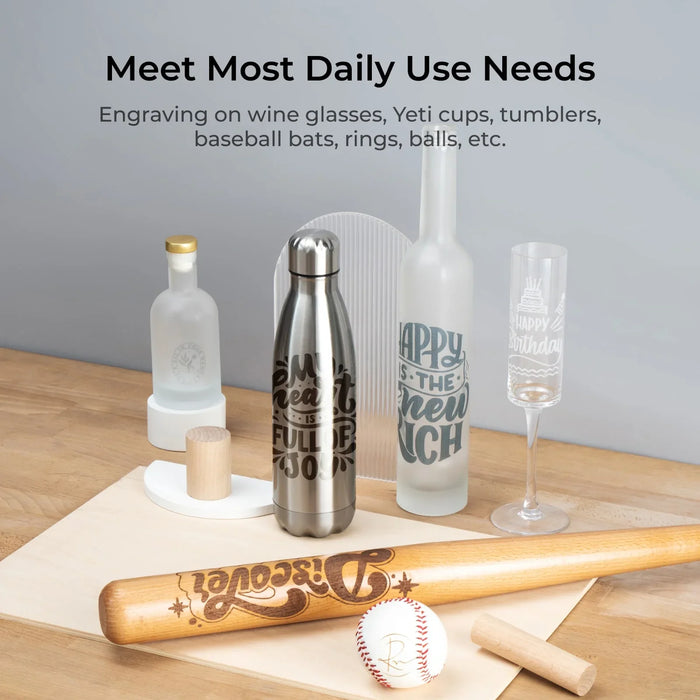 Meet most daily use needs with the xTool RA2 Pro. Engrave on wine glasses, yeti cups, tumblers, baseball bats, rings, balls etc. 