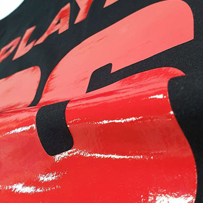 Red Prisma PU High Glossy Vinyl on a black shirt
