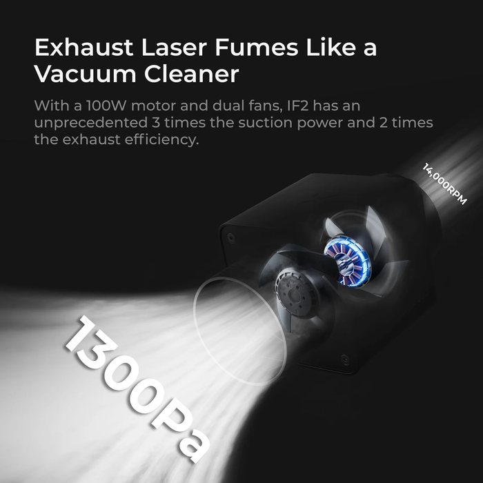 Exhauster laser fumes like a vacuum cleaner. With a 100W motor and dual fans, IF2 has an unprecedented 3 times the suction power and 2 times the exhaust efficiency. 