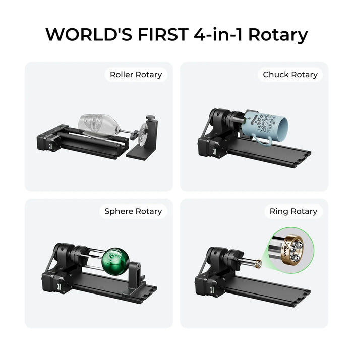 The xTool RA2 Pro is the worlds first 4-in-1 rotary. Includes a roller rotary, chuck rotary, sphere rotary and ring rotary