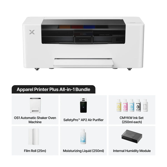 A white apparel printer shown above a bundle callout labeled 'Apparel Printer Plus All-in-1 Bundle' with included items: OS1 Automatic Shaker Oven Machine, SafetyPro AP2 Air Purifier, CMYKW Ink Set, Film Roll, Moisturizing Liquid, and Internal Humidity Mo