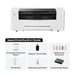A white apparel printer shown above a bundle callout labeled 'Apparel Printer Plus All-in-1 Bundle' with included items: OS1 Automatic Shaker Oven Machine, SafetyPro AP2 Air Purifier, CMYKW Ink Set, Film Roll, Moisturizing Liquid, and Internal Humidity Mo