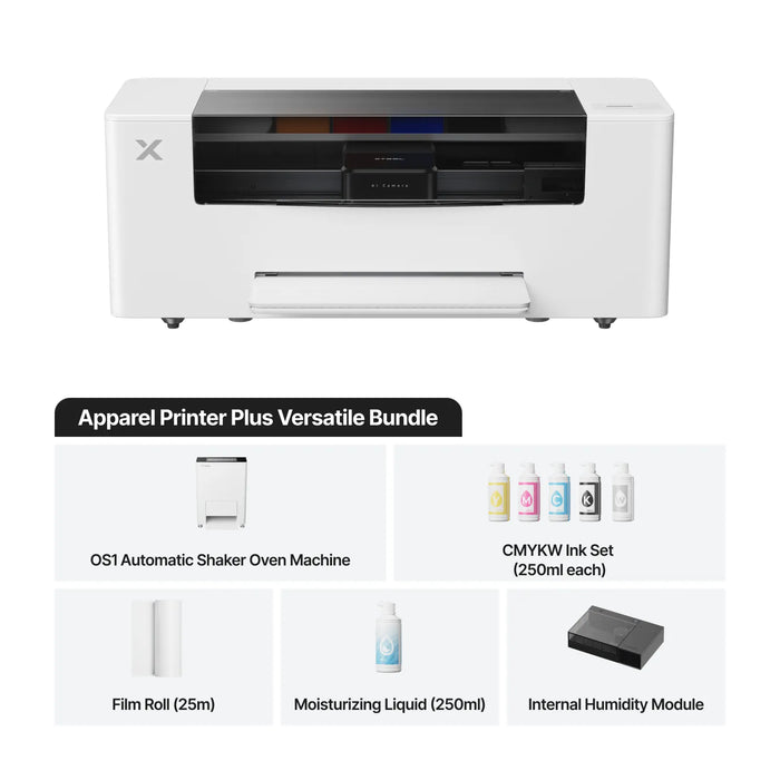 A white and black OS1 automatic shaker oven machine shown above a product bundle grid labeled 'Apparel Printer Plus Versatile Bundle,' including CMYK ink sets, a film roll, moisturizing liquid, and an internal humidity module.