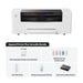 A white and black OS1 automatic shaker oven machine shown above a product bundle grid labeled 'Apparel Printer Plus Versatile Bundle,' including CMYK ink sets, a film roll, moisturizing liquid, and an internal humidity module.
