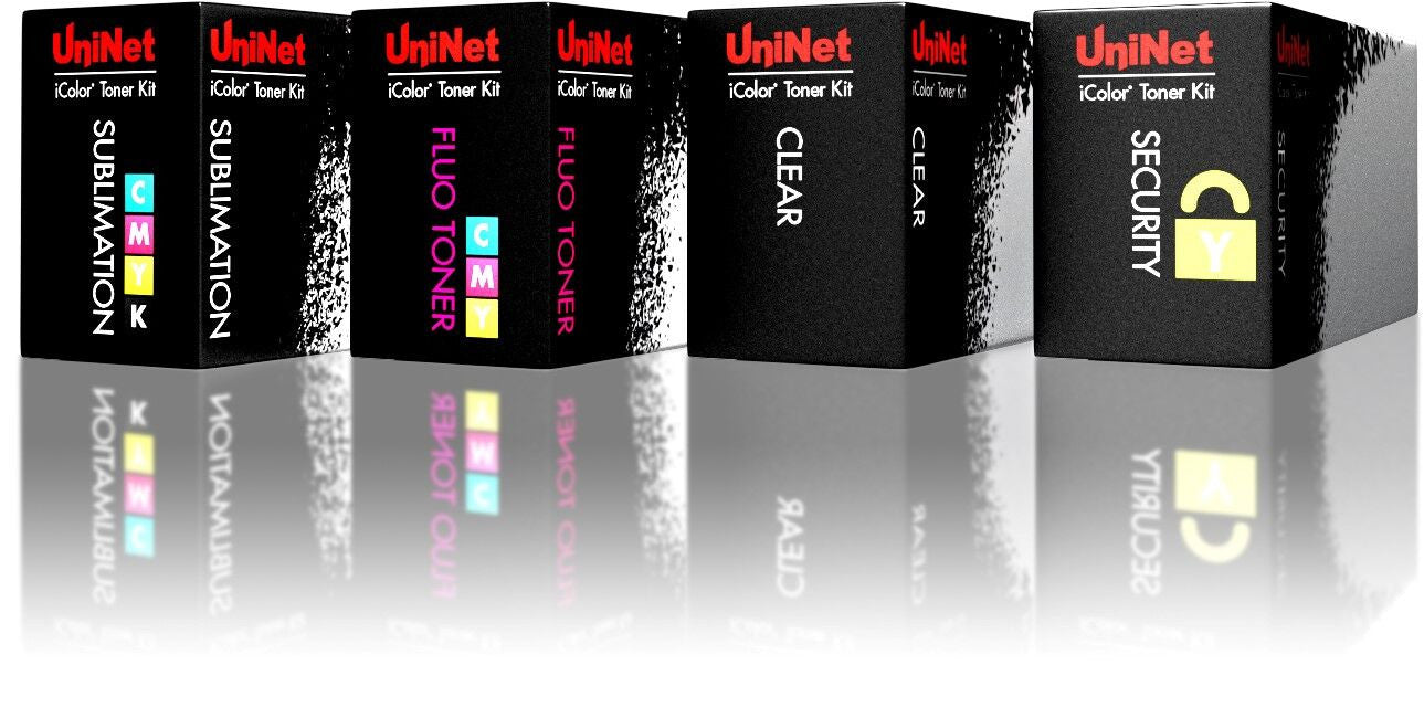 Uninet iColor 500 Fluorescent CMY Toner and Drum Starter Cartridge Kit for CMYK, Clear, and Security