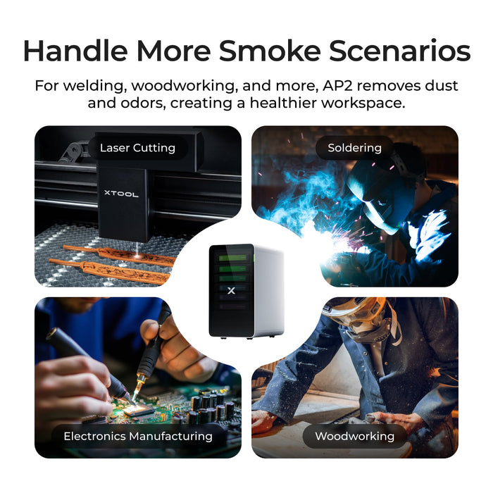 Handle more smoke scenarios. For welding, woodworking, and more, the AP2 removes dust and odors, creating a healthier workspace. Can be used for laser cutting, soldering, electronics manufacturing, and woodworking.
