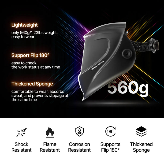 The xTool 1080nm Auto-Darkening Laser Welding Helmet is lightweight, with a 180 degree support flip to easily check work status. It also features a thickened sponge to wear comfortably and absorb sweat. 