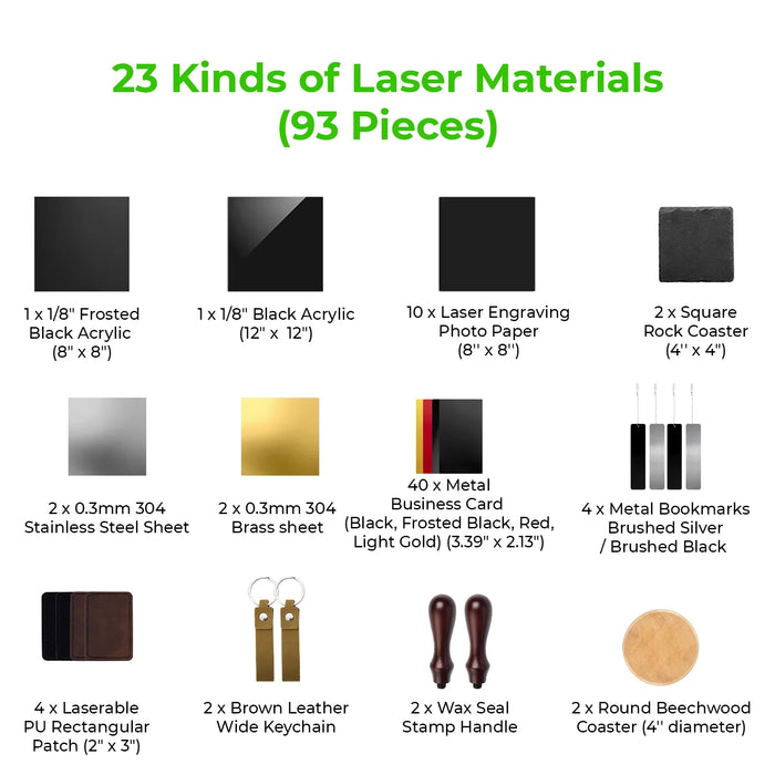 23 Kinds of Laser Materials, consisting of 93 pieces for the xTool F1 / F2 Ultra