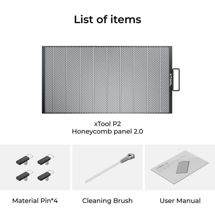 xTool Honeycomb Panel 2.0 includes the honeycomb panel, 4x material pin, cleaning brush and user manual