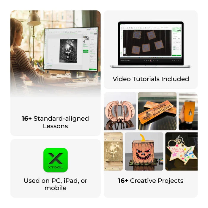 xTool Laser Material Education Package that includes 16+ standard-aligned lessons, video tutorials and 16+ creative projects. Available on PC, iPad, or mobile
