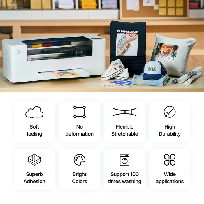 xTool's Powder gives a soft feeling, no deformation, is flexible enough to allow complete stretchability. It has super adhesion, and supports 100 times washing