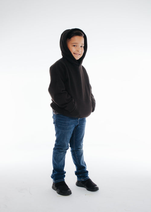 301 Youth Pullover Hoodie Black Angled Side Full View